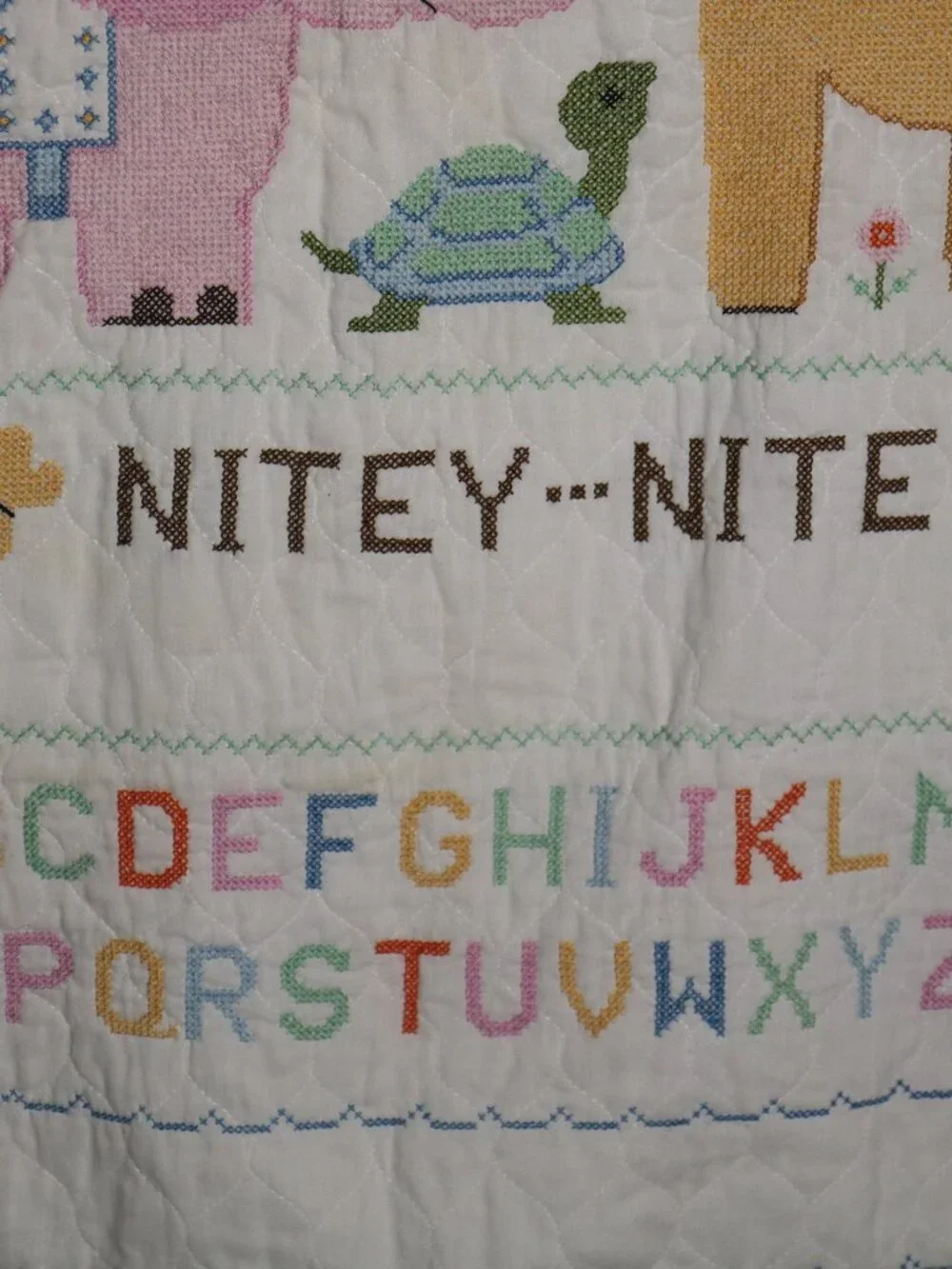 Nitey Nite Vintage Handmade Cross Stitch Baby ABC Numbers Quilt Zoo Animals